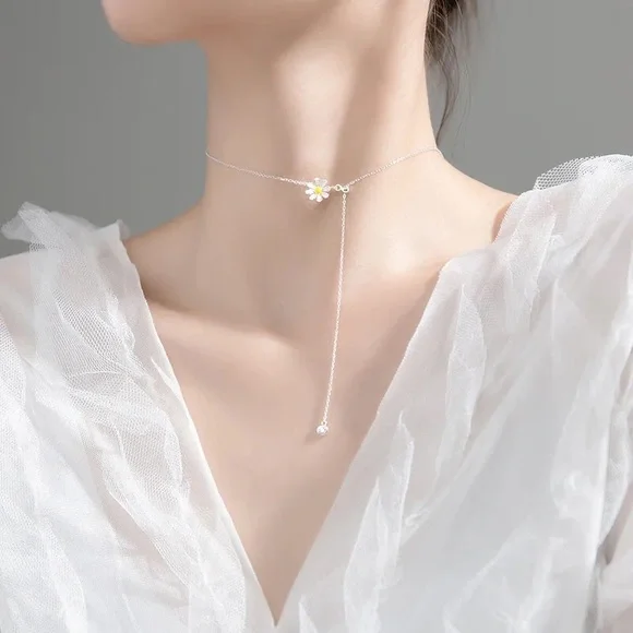 Flower Daisy sterling silver necklace adjustable design floral jewelry - Picture 1 of 9